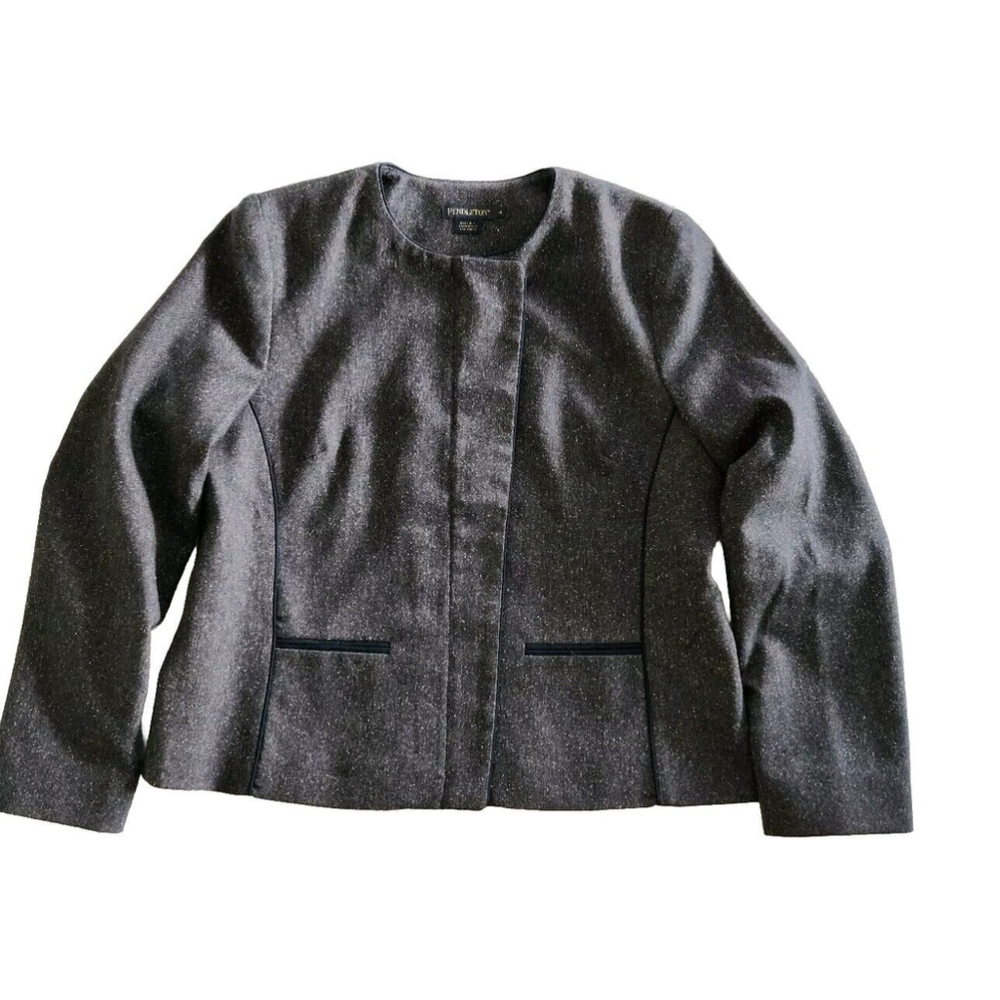 PENDLETON Size 16 Grey Speckled Front Zip Jacket Blazer Wool Silk